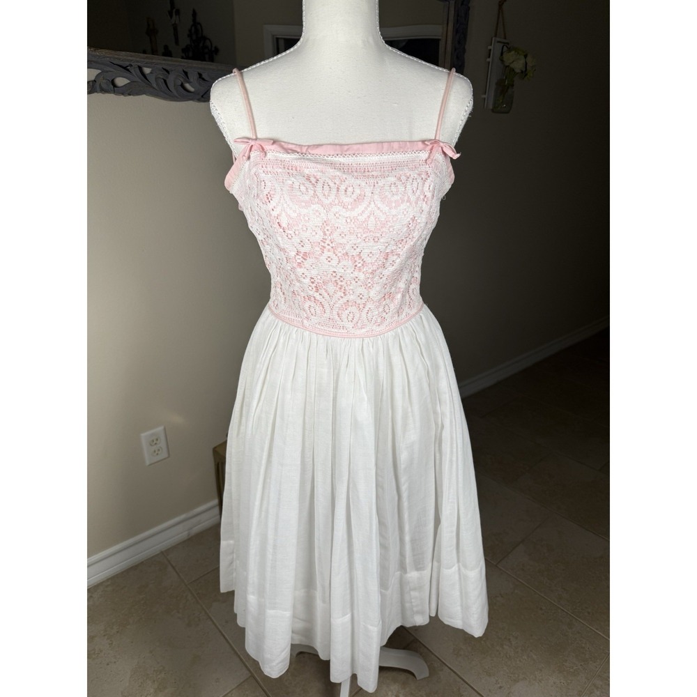 Vintage Gay Gibson Pink Lace Cotton Midi Dress ILGWU Cottagecore Size 9